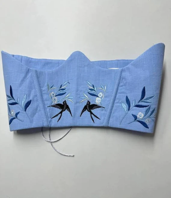 corset top Blue Linen Corset with Bird Swallows Top Belt Floral Embroidered Boho Chic Peasant Fairy Summer Clothing for Woman Etsy - Seller $71.25