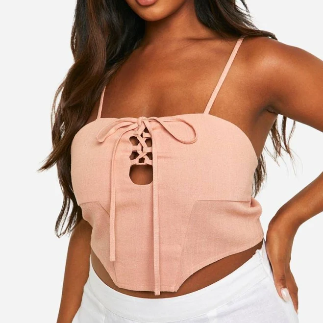 matching set Boohoo Women's Plus Size Linen Look Lace Up Corset Top boohoo USA $20