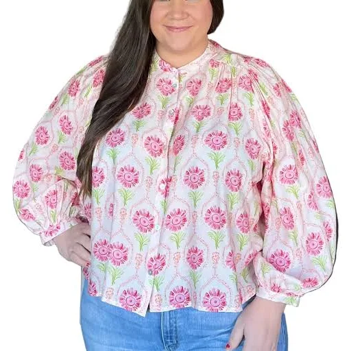 top Button-Front Patterned Blouse Vintage Dragonfly Boutique $48
