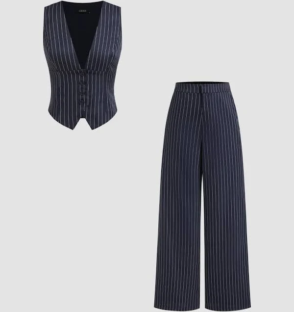 outfits CIDER Women's Woven V-Neck Stripe Button Tank Top & Mid-Rise Pocket Straight Leg Trousers Set Work Casual Breathable Lined Non-Stretch Versatile Cider $47.9