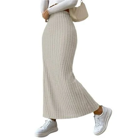 skirt Delconic Womens Ribbed Knit Maxi Skirt High Waist Stretchy Slim Fit Long Skirt Casual Soft Elastic Waistband Ankle Length Beige M, Women's, Size: Walmart - dGslk $13.59