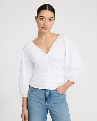 top Express Women's Stretch Cotton V-Neck Ruched Puff Sleeve Top Express $43.5