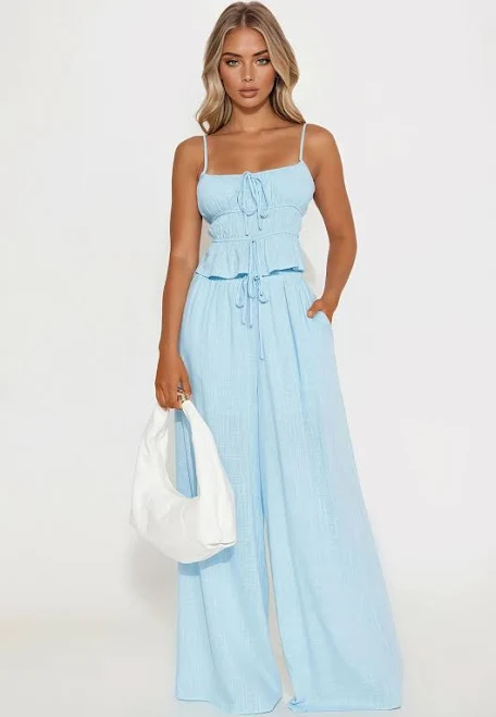 two piece set Fashion Nova Size Sleeveless Linen Tank Top Wide Leg Pant Set Fashion Nova $33.99