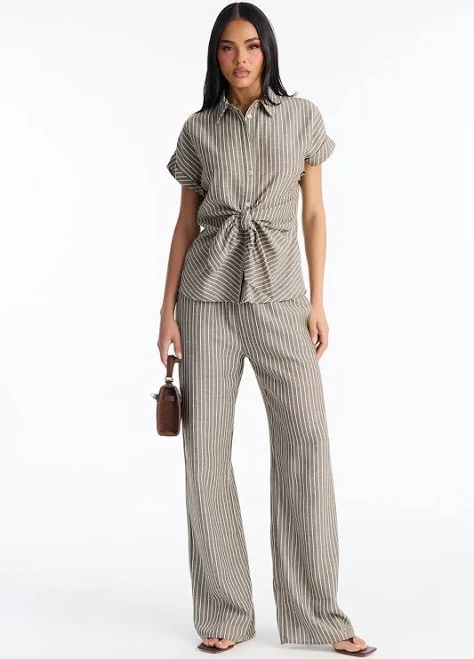 co-ord set Fashion Nova Tie Front Linen Button Up Shirt and Wide Leg Pant Set Fashion Nova $23.99