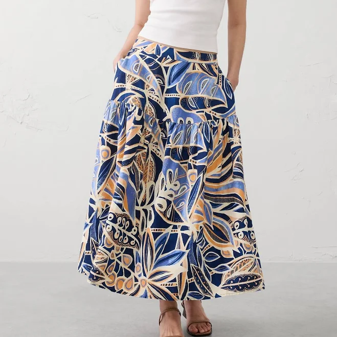 skirt Floral Print Linen-Blend Tiered Midi Skirt Banana Republic Factory $72