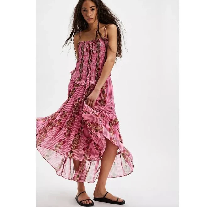 dress Free People Dresses | Free People Small Alejandra Smocked Bodice Tiered Midi Dress Hot Pink Combo | Color: Pink | Size: S | Simply_T_'s Closet Poshmark $99