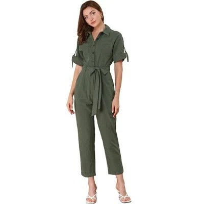 jumpsuit Inspire Chic Women's Short Sleeve Collared Button Down Tie Waist Cargo Jumpsuit Target $56.99