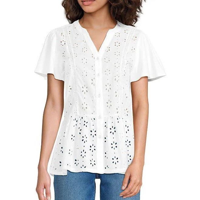 top Lands' End Women's Mixed Media Eyelet Top Kohl's $25.41