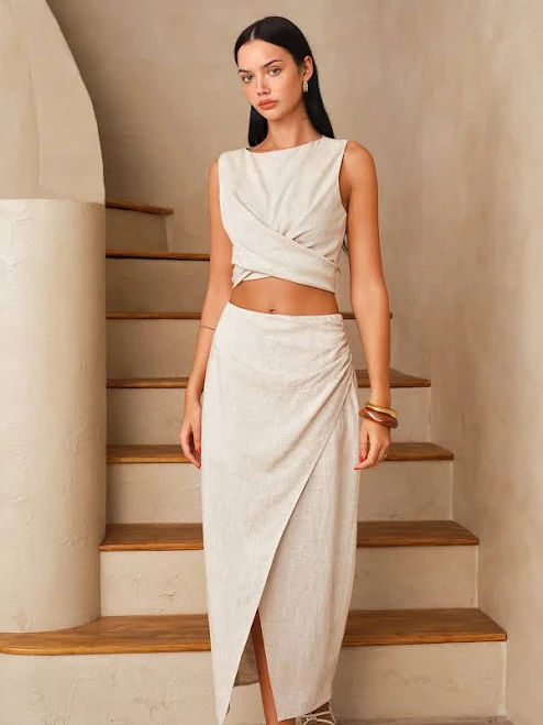 co-ord set Linen-Blend Knot-Back Top & Wrap Skirt Set Commense $68