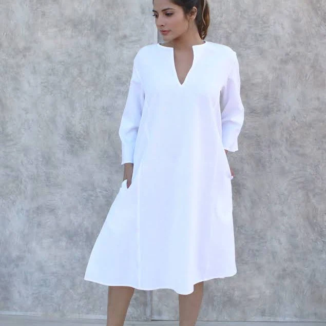 dress Linen Split Neck Loose Fit Midi Dress Etsy - New2Style $52