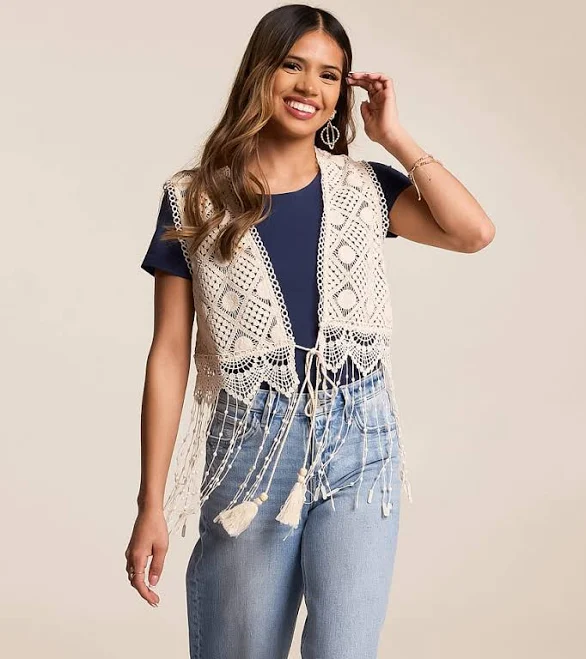 vest Miss Me Women's Cotton Crochet Fringe Vest Buckle $64