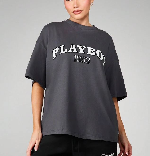 top MISSGUIDED Oversized Graphic Crew Neck Short Sleeve Cotton Blend Tee With Vintage Inspired Brand Logo Print For Casual Everyday Wear missguided $20.63