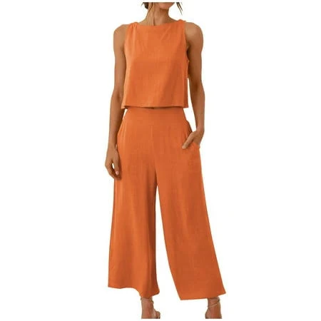 co-ord set Moxiu 2 Piece Linen Sets for Women Tank Top Summer Casual Outfits Wide Leg Pants Matching Set 2025 Walmart - Moxiu Fashion House $34.99