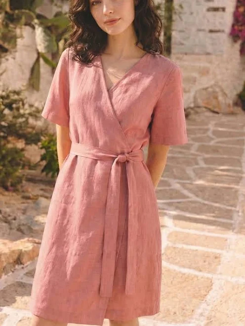 dress Roselle Women's Breathable Linen Wrap Midi Dress SonFre $146.59