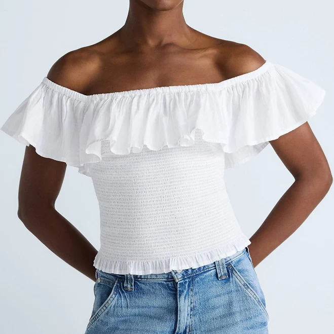 top Scoop Women's Off-The-Shoulder Smocked Ruffle Cotton Top Walmart $22