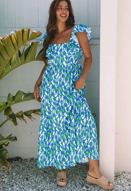 dress Sunny Angela Women's Square Neck Ruffle Sleeve Floral Maxi Dress Sunny Angela $41.99