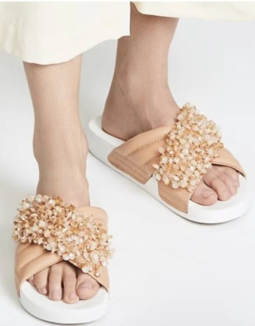shoes Tory Burch Logan Embellished Slide - Natural Vachetta / Rose 10 eBay $59.39