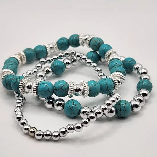 accessory Turquoise and Silver Beaded Stack Bracelet Set Etsy - Seller $20