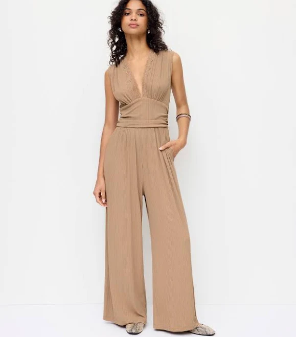 jumpsuit V-Neck Lace Trim Ruched Wide Leg Jumpsuit Cider $42.9