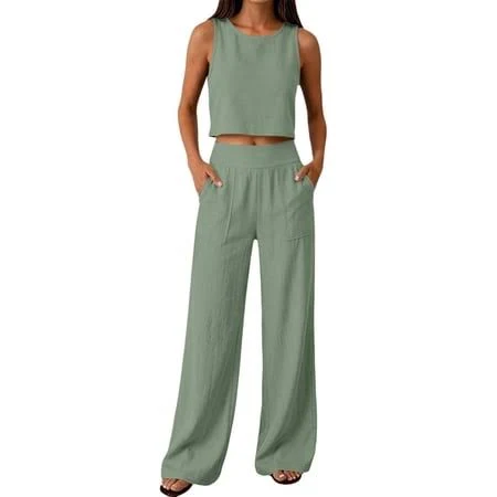 matching set Visaly 2 Piece Linen Outfit Sleeveless Crop Top High Waist Wide Leg Pants Set Summer Lightweight Cotton Linen Gauze Outfits Loose Beach Vacation Walmart - VISALY $32.79