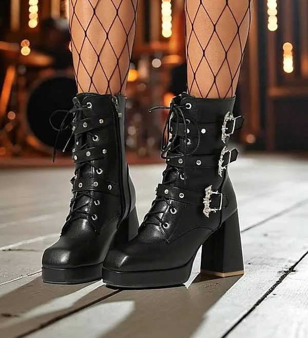 shoes Women's Black Faux Leather Punk Chunky Platform Biker Boots, Lace-Up & Buckle Detail, Perfect for Punk-Inspired Nightlife & Trendy Parties LightInTheBox $79.99