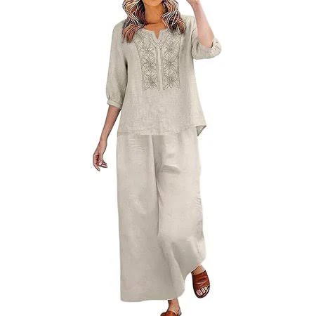 co-ord set Women's Boho Linen Two Piece Set Walmart - hgnbaUK $21.39