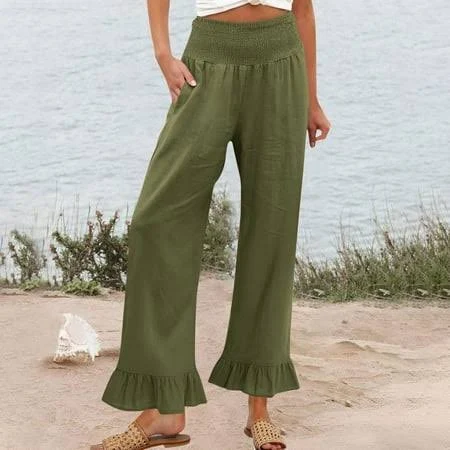 bottoms Women's Boho Smocked High-Waisted Linen Wide Leg Pants Walmart - SiJiaFu $17.2