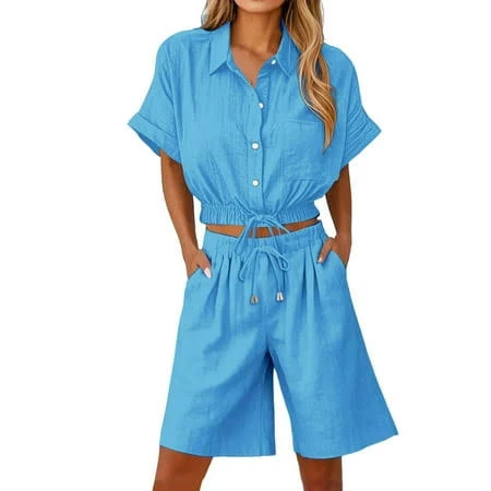 co-ord set Women's Casual Linen 2pc Set with Drawstring Walmart - gjutow $18.99