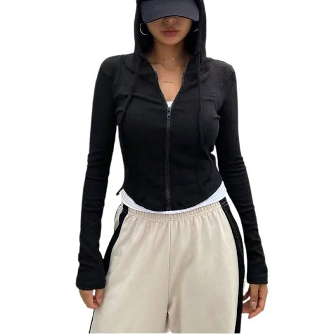 hoodie Women's Cropped Zip Up Hoodie Lightweight Long Sleeve Rib Knit Slim Crop Jacket, Size: XXL, Black Kohl's $38.99