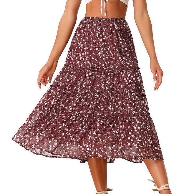 skirt Women's Floral Print Elastic Waist Ruffle Maxi Tiered Skirt, Size: Medium, Brown Kohl's $39.99