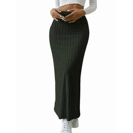 skirt Women's High-Waisted Split Ribbed Knit Maxi Skirt with Side Slit Walmart - queenaa $19.27