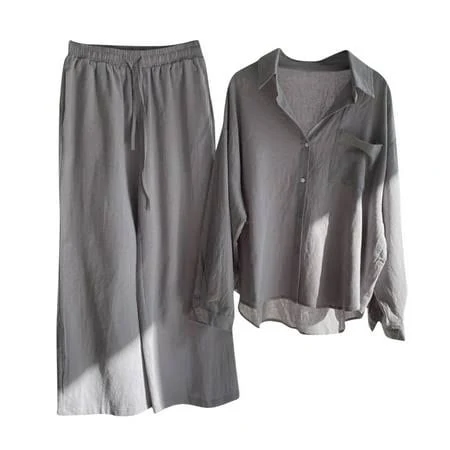 matching set Women's Linen Long Sleeve Button Down Shirt and Drawstring Wide Leg Pant Set Walmart - MMJYEL $13.99