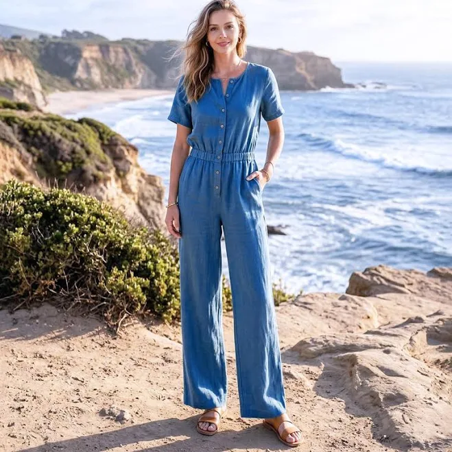jumpsuit Women's Linen Wide Leg Jumpsuit Etsy - Anysize $63.3