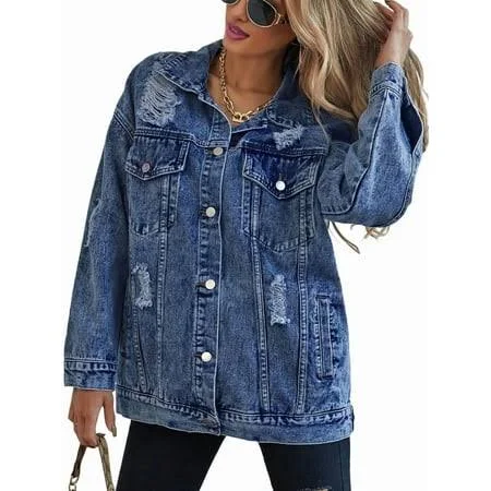 outerwear Women's Long Oversized Denim Jacket Boyfriend Ripped Distressed Jean Jackets Coat Dark Blue M, Size: Medium Walmart - Garooms $37.27