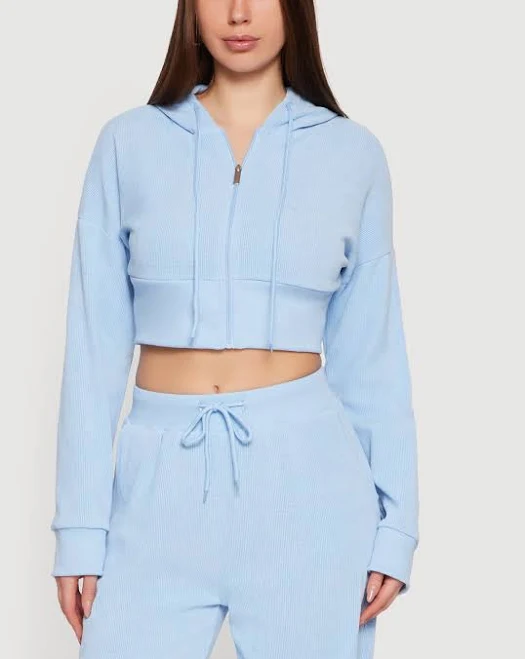 hoodie Womens Rib Knit Cropped Zip Front Hoodie, Baby Blue, Size L - Rainbow Shops Rainbow Shops $15.99