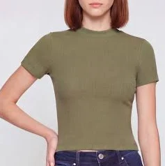 top Womens Seamless Rib Knit Mock Neck Short Sleeve Tee, Olive, Size L-XL - Rainbow Shops Rainbow Shops $5.99