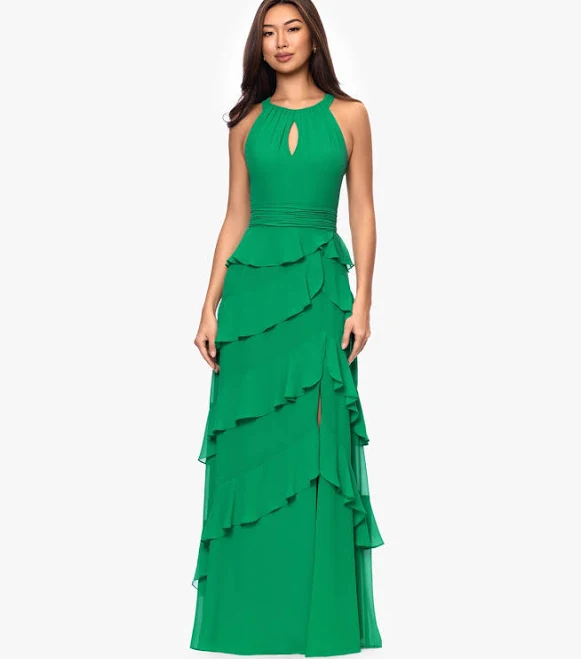 dress Xscape Women's Emmy Chiffon Halter Tiered Ruffle Gown with Keyhole Macy's $181.3