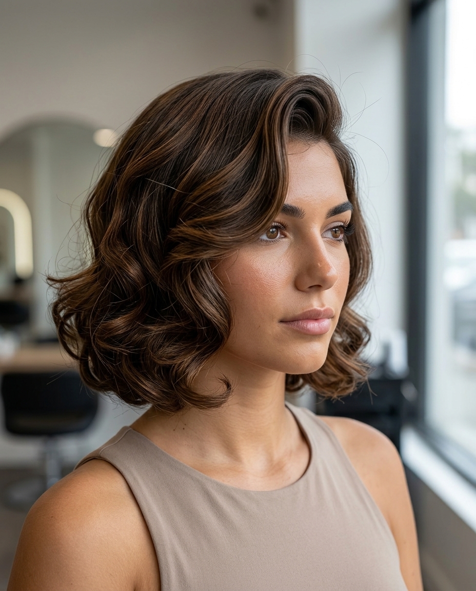 chin-length structured bob haircut in rich brunette with warm chestnut lowlights and curls