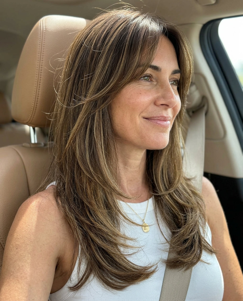 long haircut in rich brunette with subtle golden lowlights and soft curtain bangs for romantic formal events