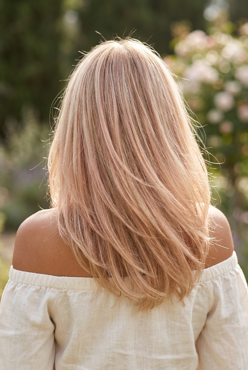 Rose Gold Blonde Babylights 2026 long rose gold blonde babylights with creamy blonde for music festivals