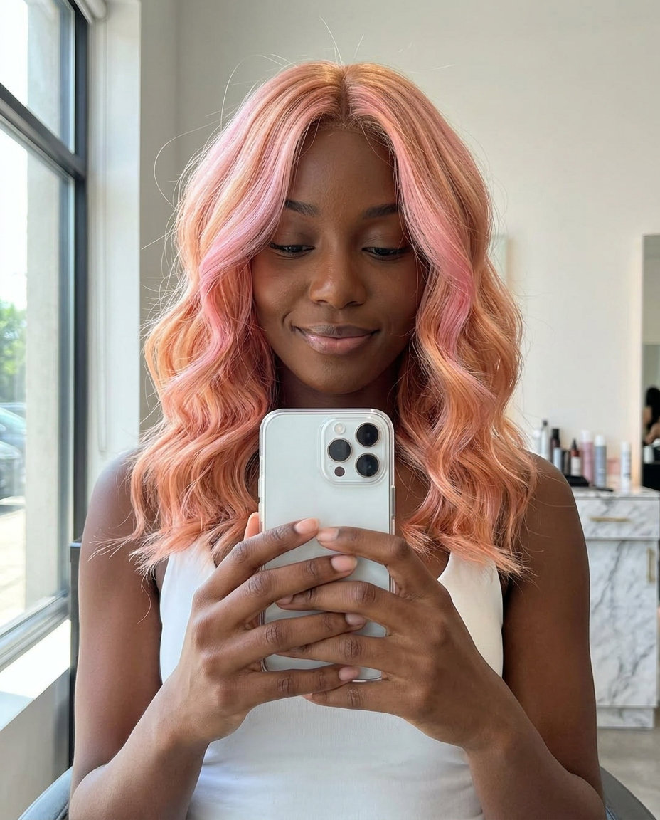 long layered rose gold balayage with golden peach highlights for summer 2026