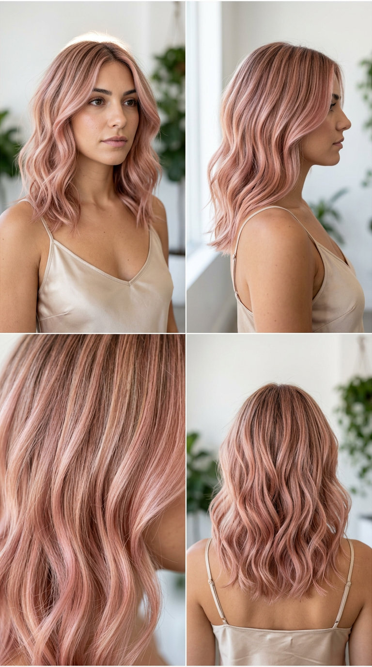 long rose gold balayage with pink and gold undertones and soft blonde base for festivals