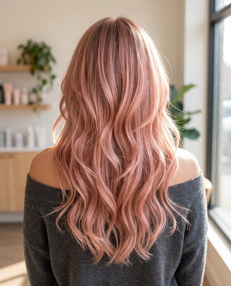 long rose gold hair with cascading layers and face-framing pieces for summer