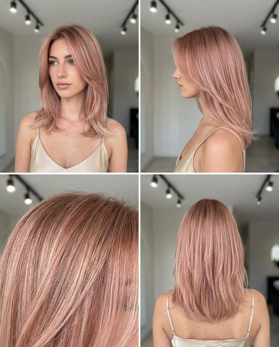 medium rose gold hair with pale blonde base, babylights, face-framing layers — romantic date night style