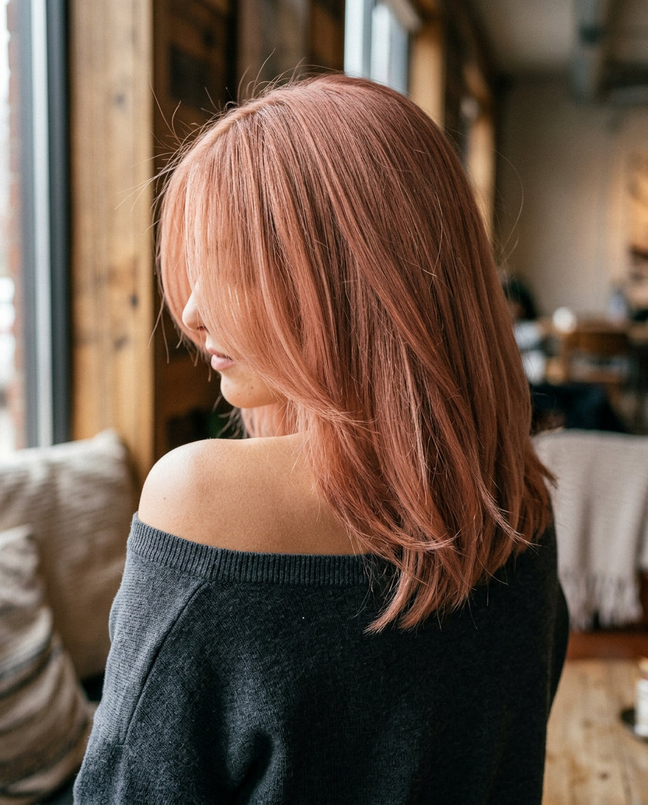 shoulder-length lob haircut in muted rose gold with peach undertones and face-framing layers for summer