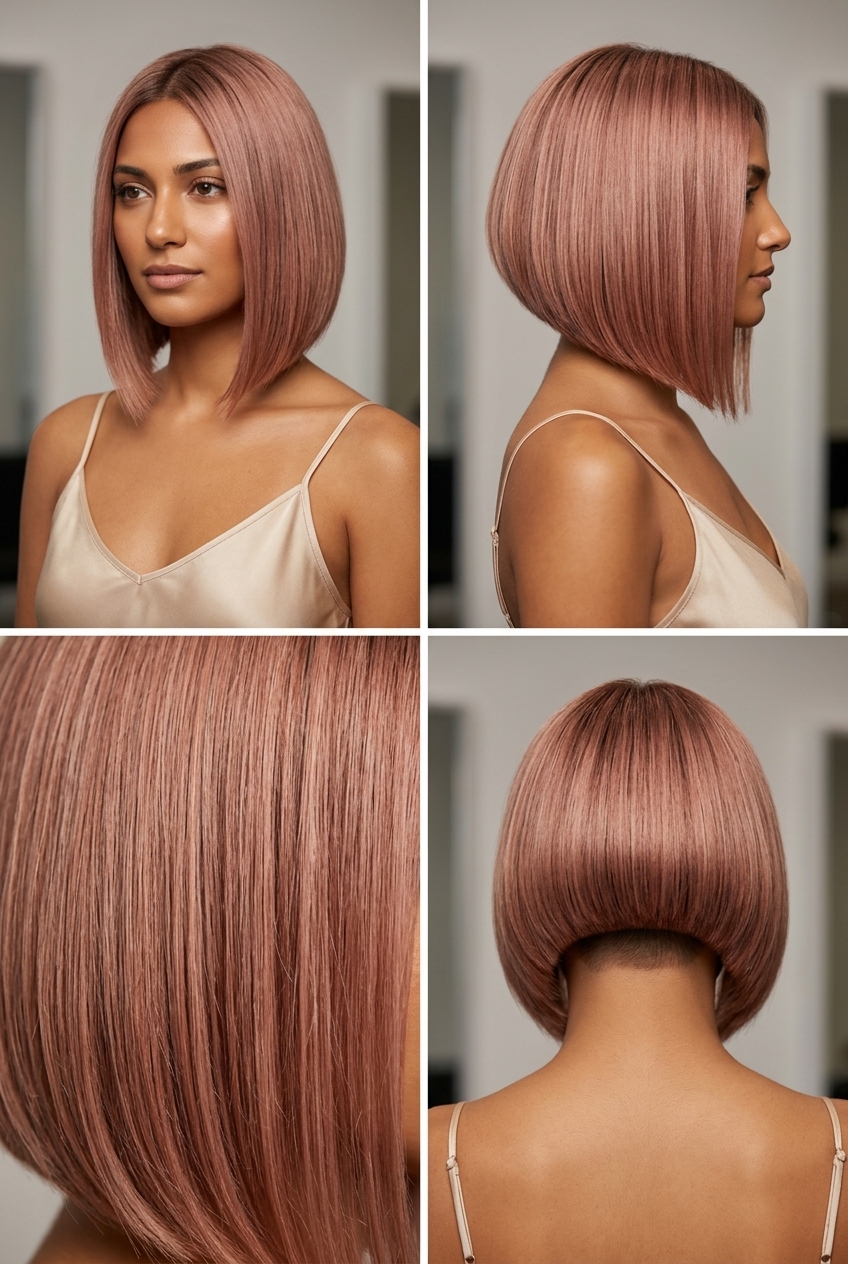 short bob haircut in vibrant rose gold with root smudge, undercut, blunt cut — edgy fashion-forward festival