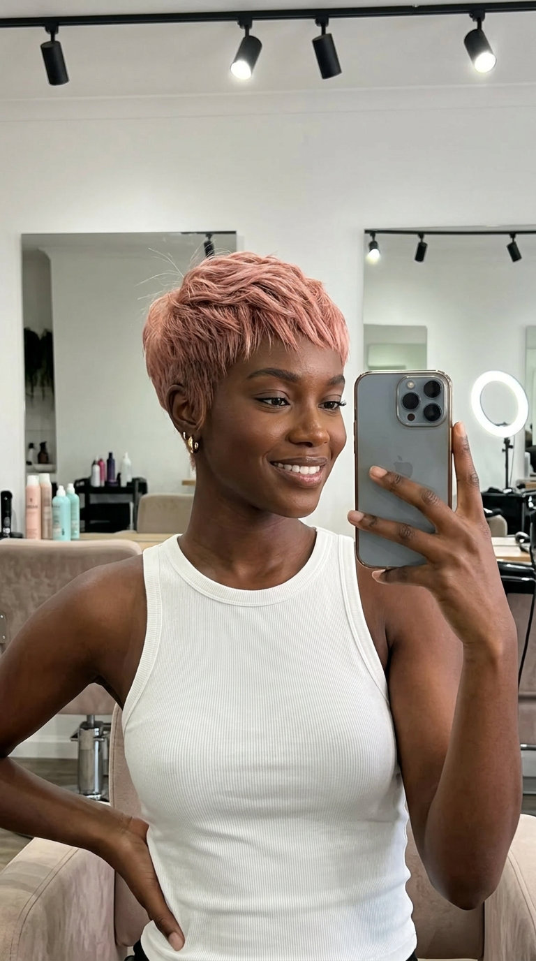 Rose Gold Textured Crop: Bold Color 2026 very short textured crop haircut with rose gold color, muted pink tones, tapered sides β playful edgy festival