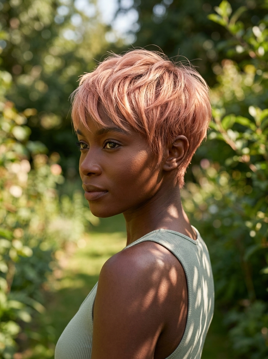 very short pixie haircut in rose gold with peach undertones, soft layers and tapered sides — playful and feminine