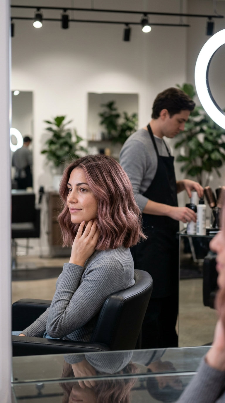long rosewood balayage with muted rose and warm brown tones and root melt for daily wear