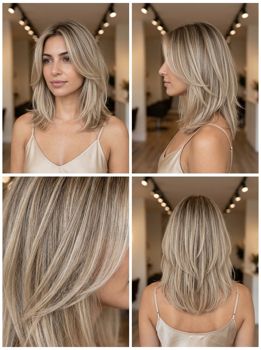 Sandy Beige Layered Cut 2026 collarbone layered cut sandy beige blonde with babylights, diffused root, ghost layers β effortless beach vacation